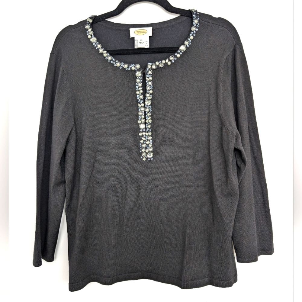 Vintage Talbots Silk Blend Bedazzled Front Detail Long Sleeve Top Sz XL